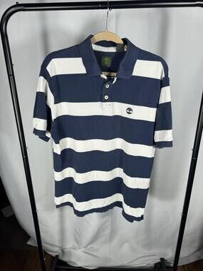 Timberland Polo Shirt Mens Large Blue White Rugby Stripe Short Sleeve Casual